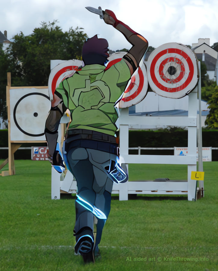 Comic strip hero at a real-life knife throwing competition; AI aided art;