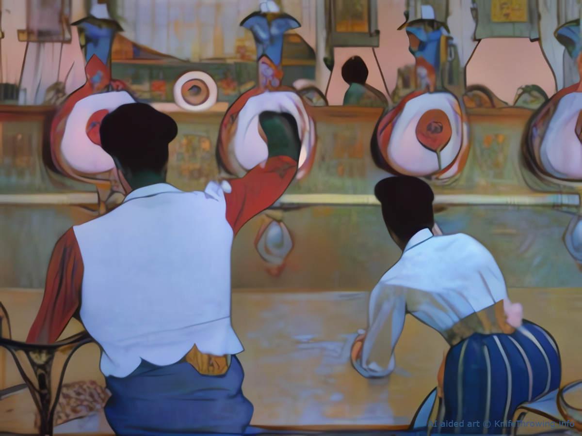 Oil painting: Knife throwing couple at the village fair; AI aided art;