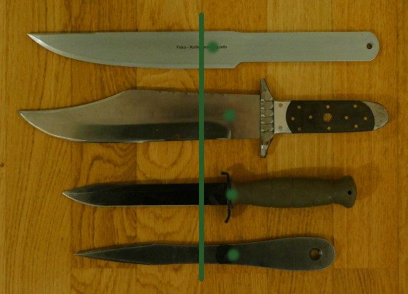 Balance of common throwing knives illustrated. The green line is the middle of the length, the fuzzy dot is the center of gravity.