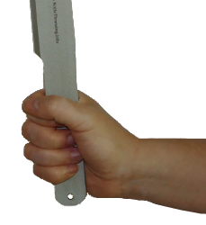 The hammer grip is the standard technique to grip throwing knives. Click for larger image.
