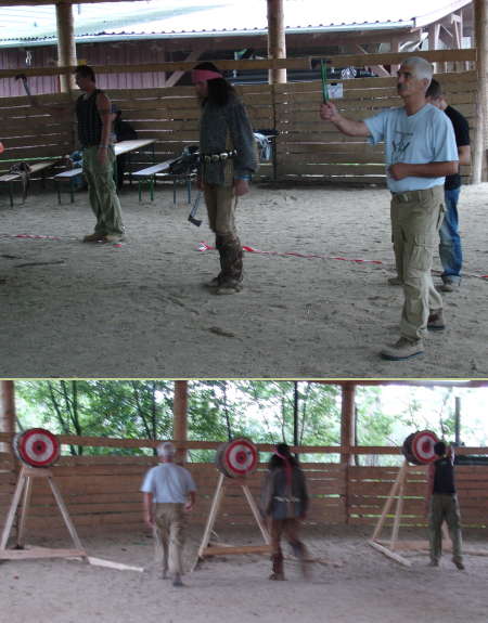 Very orderly axe throwing competition.