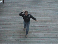 Frame 1 of the knife throwing sequence, as observed from above